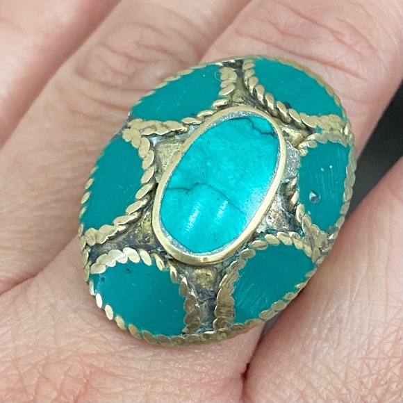Vintage Turquoise Mosaic Cocktail Ring Size 8 - Picture 4 of 12